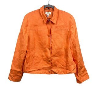 Talbots Womens Irish Linen Jacket Collared Button Up Pockets Lined Orange Sz 14*